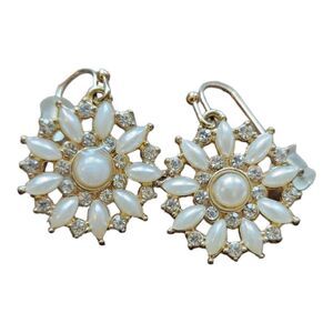 Round Dangly Pearl and Crystal Costume Jewelry Earrings 1"